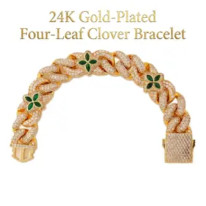 24K Gold‑Plated 20mm Four‑Leaf Clover Sparkling Zircon Bracelet Fade‑Resistant for All‑Day Wear Hip‑Hop and Street‑Style Jewelry Suitable for Man Woman