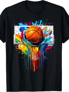 Men's Casual Crew Neck Retro Fashion Comfort Loose Single-Sided Printed T-Shirt - Men's Basketball Dunk Tie-Dye Splash Printed Cotton T-Shirt - Black Casual Crew Neck, Machine Washable, Summer Fashion Statement