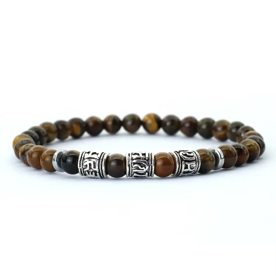 FASHION4U - Noter Mantra Bracelet For Men 6mm Howlite Lava Tiger Eyes Beads Braslet Viking Accessories Pulseras Para Hombre Tibet Braclet