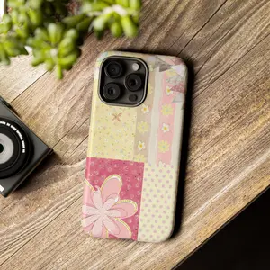 Pastel Patchwork Floral Pattern Tough Phone Case, MagSafe Dual Layer Protective Cover, Soft Cute Cottagecore Design, Cute Aesthetic Gift For Him and Her