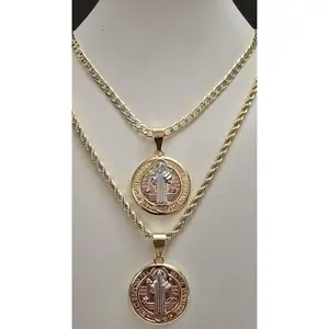 New Style Medalla de San Benito Tri Color Round Double Sided Pendant with Chain Medalla