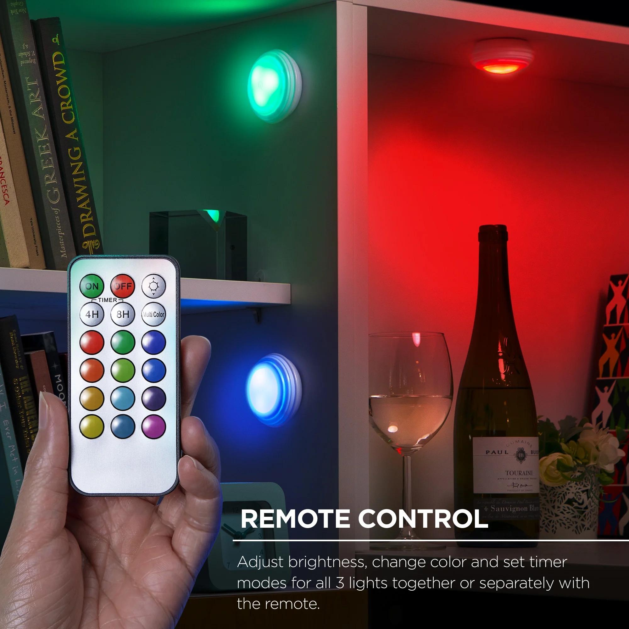LED Puck Lights with Remote, 6 Pack Color Changing RGBW Stick-On Light, Battery Powered, Dimmable Under Cabinet Lighting with Timer & Memory, Wireless Push Lights for Kitchen & Closet LED Puck Lights with Remote, 6 Pack Color Changing RGBW Stick-On Light, Battery Powered, Dimmable Under Cabinet Lighting with Timer & Memory, Wireless Push Lights for Kitchen & Closet
