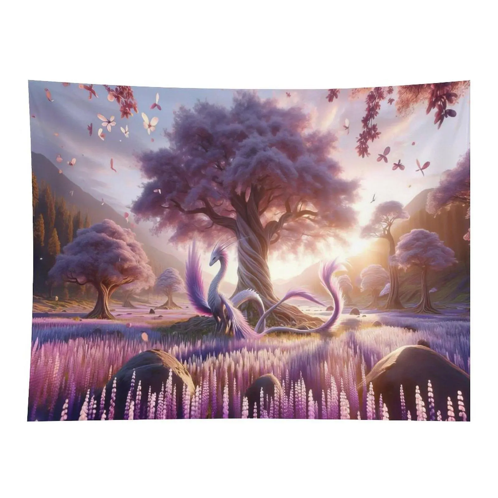 Purple Magic Dragon Tapestry Enchanted Ancient Tree Lavender Field Fantasy Butterfly Scenery Wall Art for Dreamy Room