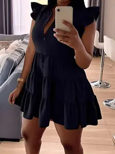Spring Summer Women's Lady Sexy Boho Fit Casual Woven Lotus Hem Dress Short Skirt B0025, Elegant Floral Design Vibe Aesthetic, Perfect for Casual & Party Wear, Breathable Womenswear