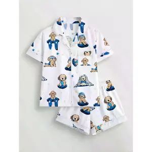 Women's Adorable Puppy Print Pajama Set, Short Sleeve Button-Up Top & Soft Elastic Shorts, Cozy Homewear Sleepwear