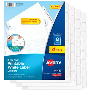 Avery Big Tab Printable White Label Dividers for 3 Ring Binders, 8 Tabs per Set, White (4 Sets of 14433)