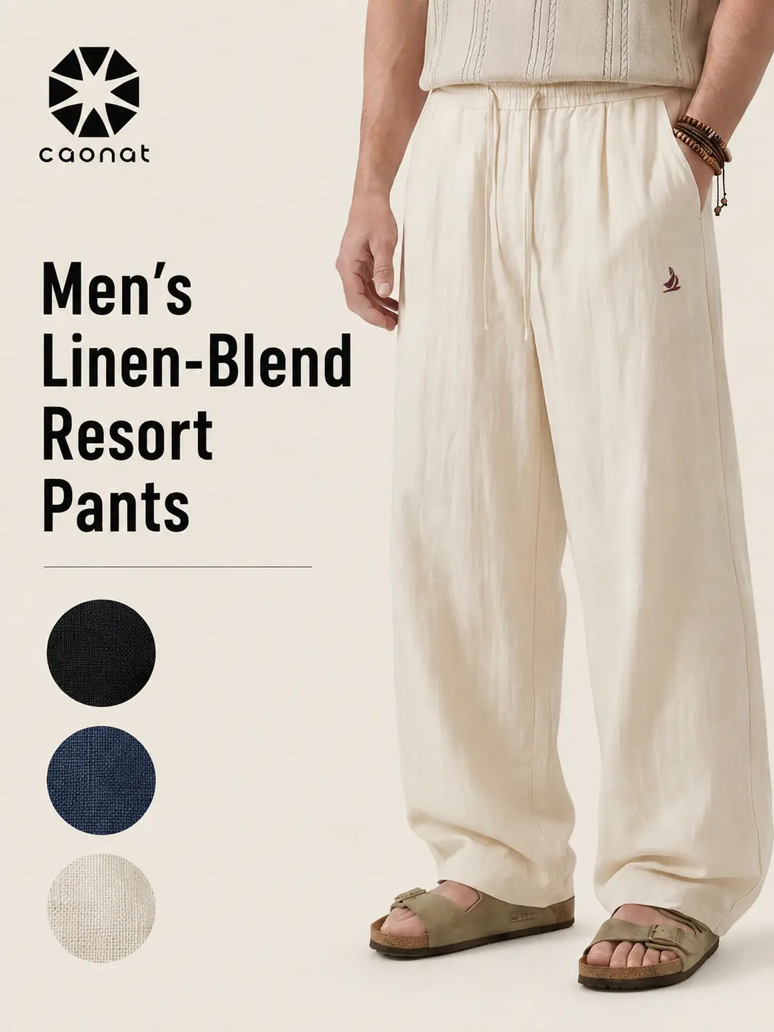 CAONAT Men's Linen-Rayon Blend Casual Loose Pants - Plain, Lightweight Menswear Clothes with Adjustable Drawstring Elastic Waistband, Breathable Summer Trousers for Beach, Father's Day Gift (Black, Beige), Fabric, Linen Pants, Men's Wear