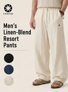 CAONAT Men's Linen-Rayon Blend Fabric Baggy Pants - Plain, Lightweight Summer Trousers with Adjustable Waistband, Drawstring Elastic Waist, Breathable Male Clothing Bottoms for Beach, Father's Day Gift Black Beige