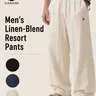 CAONAT Men's Linen-Rayon Blend Loose-Fit Full Length Pants - Plain, Lightweight Male Clothing with Adjustable Drawstring Elastic Waistband, Breathable Below the Ankle Summer Trousers for Beach, Father's Day Gift (Black, Beige), Fabric, Soft