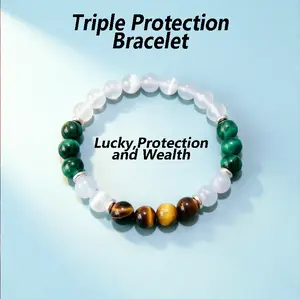Father's Day Sale Green Tiger’s Eye Blue Tiger’s Eye Bracelet with White Cat’s Eye 8mm Natural Stone Beaded Bracelet for Protection, Focus and Good Luck