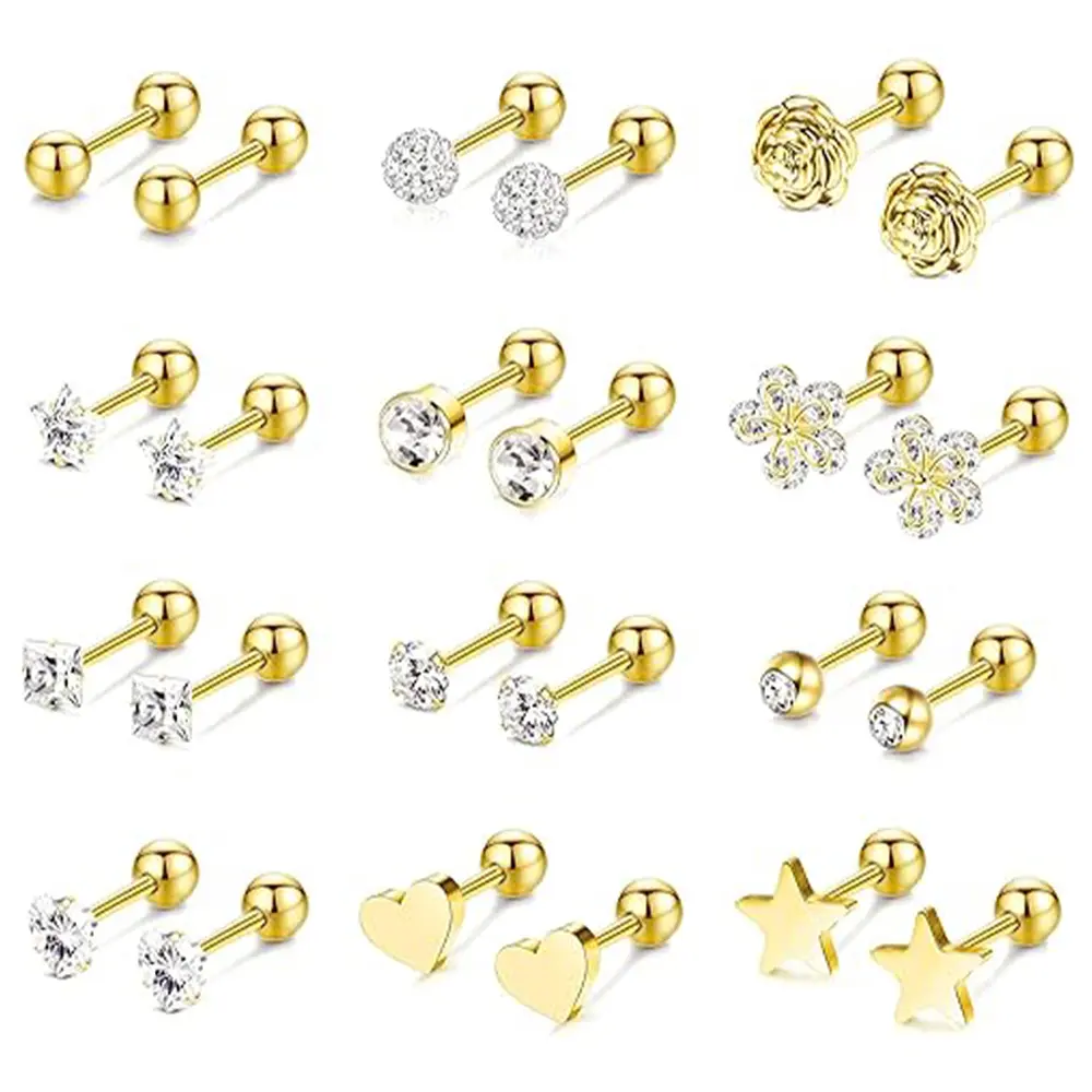 14-Pair Cartilage Piercings Jewelry Set for Women, 16G Hypoallergenic Surgical Steel Studs with CZ for Helix, Conch, and Tragus