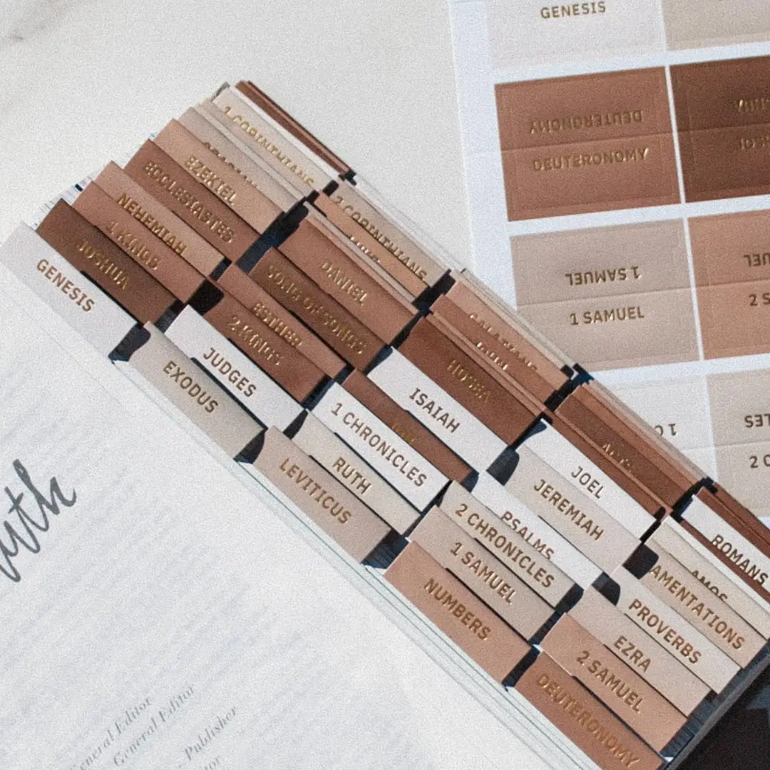 Decorative Bible Tabs for Women (96 Pieces) Earth Tone Neutral Gold Foil Bible Tabs - Laminated Bible Labels Tabs Remove & Replace Bible Index Tabs