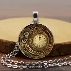 Steampunk Mechanical Clock Detail Round Pendant Necklace