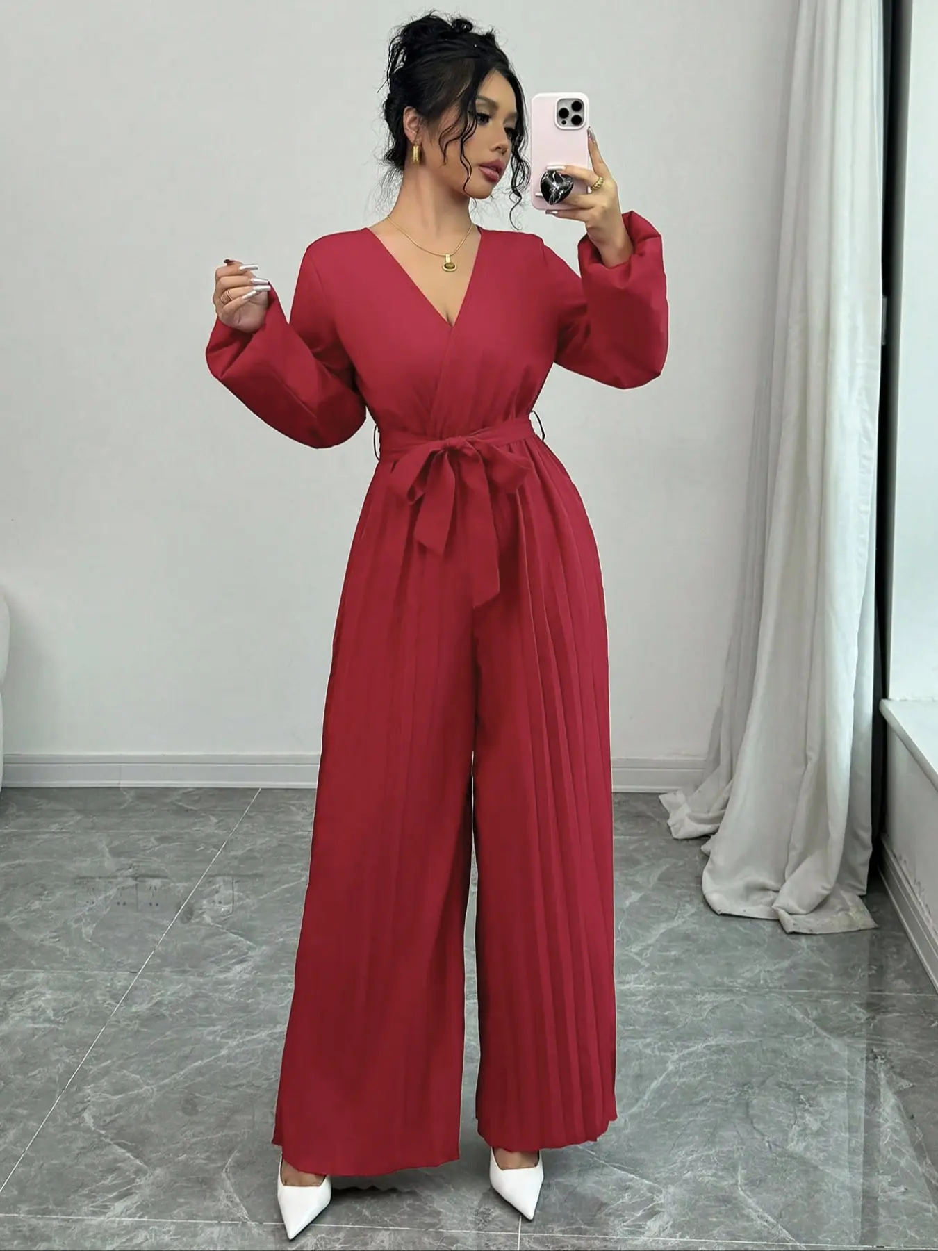 Women's Spring & Fall Pleated Jumpsuit, Elegant Chic Casual Party, V-Neck Belted Long Sleeve Romper, High Waist Fitted Design