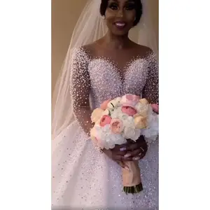 Ball Gown Wedding Dress Long Sleeves Bridal Gown in White Lace Polyester with Pearl Details for Women Asian Sizes 2-16 - Womenswear