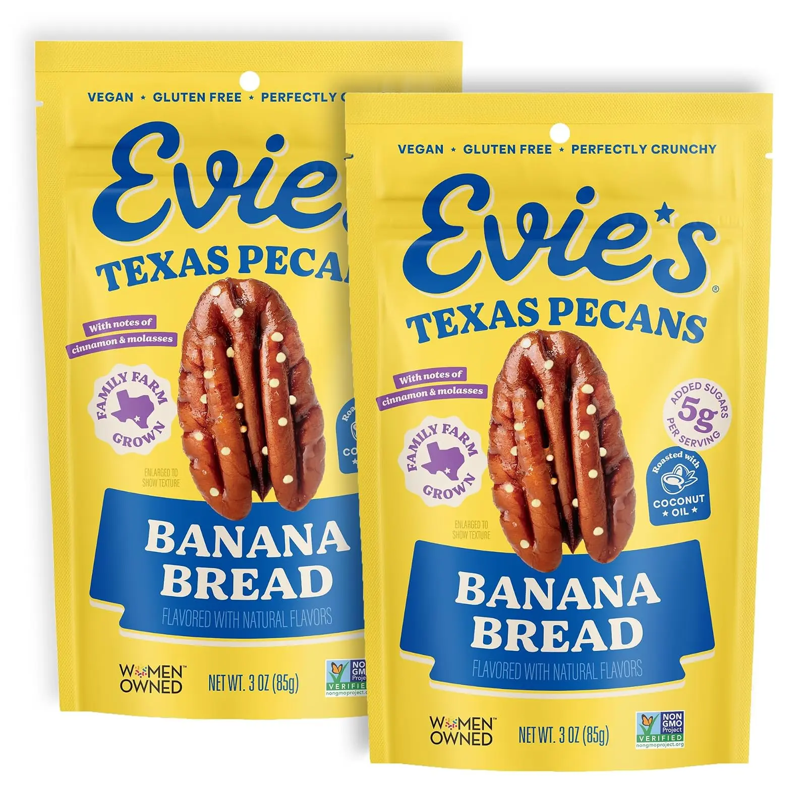 Evie's Banana Bread Pecans - Roasted Texas Pecan Snacks - Healthy, Non-GMO, Gluten-Free and Vegan - 3 Oz, 2-Pack - Made-in-the-USA