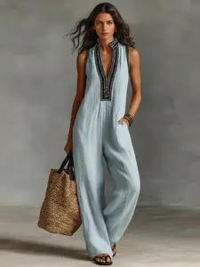 Boho Chic Sleeveless V-Neck Jumpsuit for Women - Summer Vacation Beach Romper with Pockets, Trendy Linen Feel Wide Leg Overalls, Perfect for Travel & Daily Wear 2026