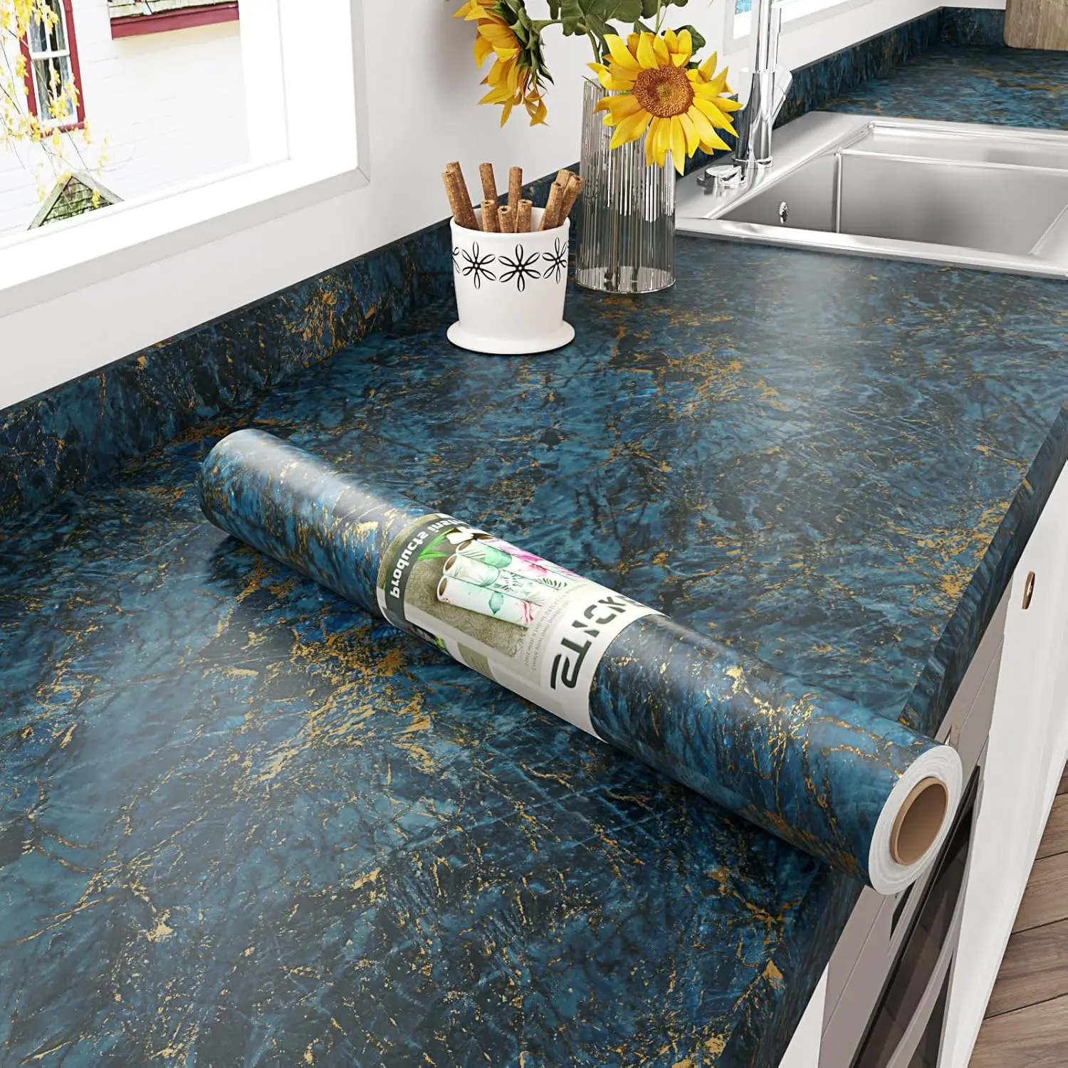 Matte Dark Blue Marble Terrazzo Contact Paper - Renters-Friendly, Waterproof, Thick Peel-and-Stick Removable Home Decor Sticker with High-End Aesthetics for Countertop Decor, TV Background, Bathroom, Hides Flaws, Indoor Use