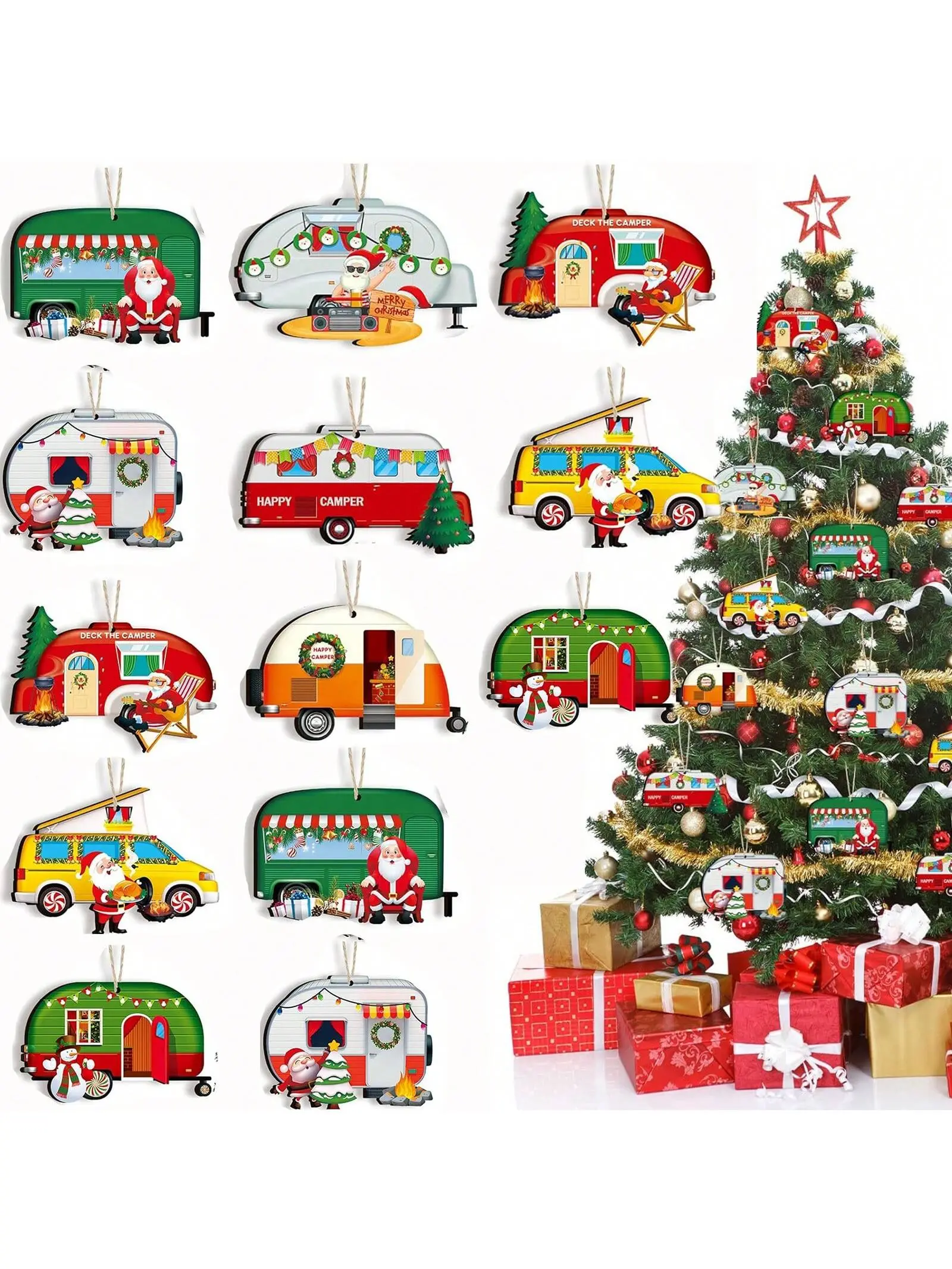 24 Pieces Happy Campers Christmas Ornaments Caravan Christmas Wooden Ornaments Xmas Tree Decorations Vintage Santa RV Trailer Hanging Ornament For Holiday Christmas Home Party Crafts