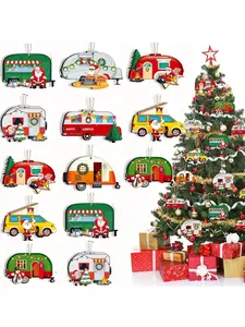 24 Pieces Happy Campers Christmas Ornaments Caravan Christmas Wooden Ornaments Xmas Tree Decorations Vintage Santa RV Trailer Hanging Ornament For Holiday Christmas Home Party Crafts