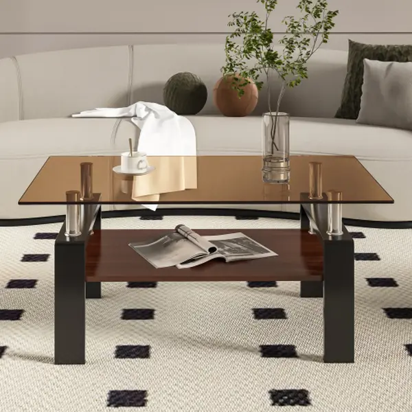 Tempered Glass Coffee Table - Casual Large Rectangle Indoor Living Room Table, 39.2"l x 23.4"w x 17.7"h, 220 lbs, MDF Layer, Storage Shelf, Brown/Black/Transparent Glass Options
