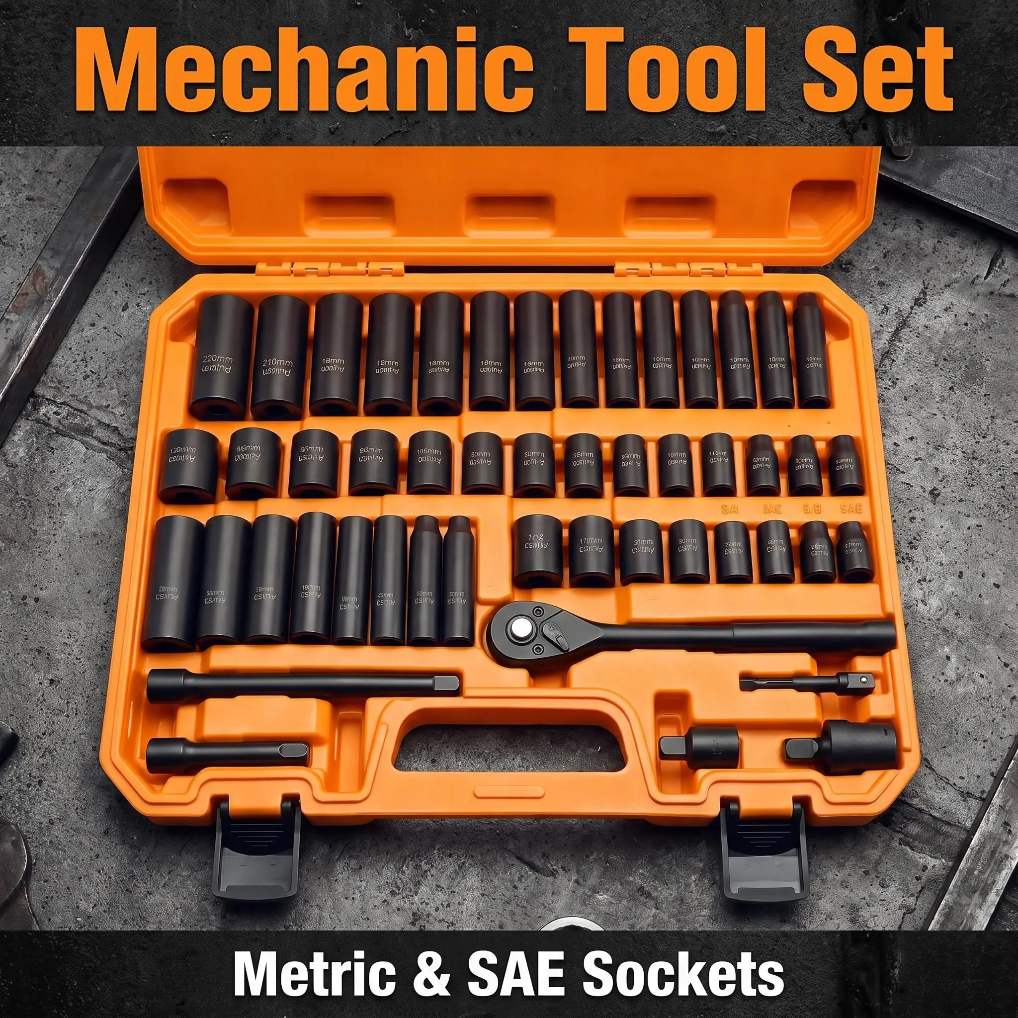 50-Piece SAE & Metric Socket Wrench Set, Mechanic Hand Tool Set with Organized Orange Case for Versatile Use