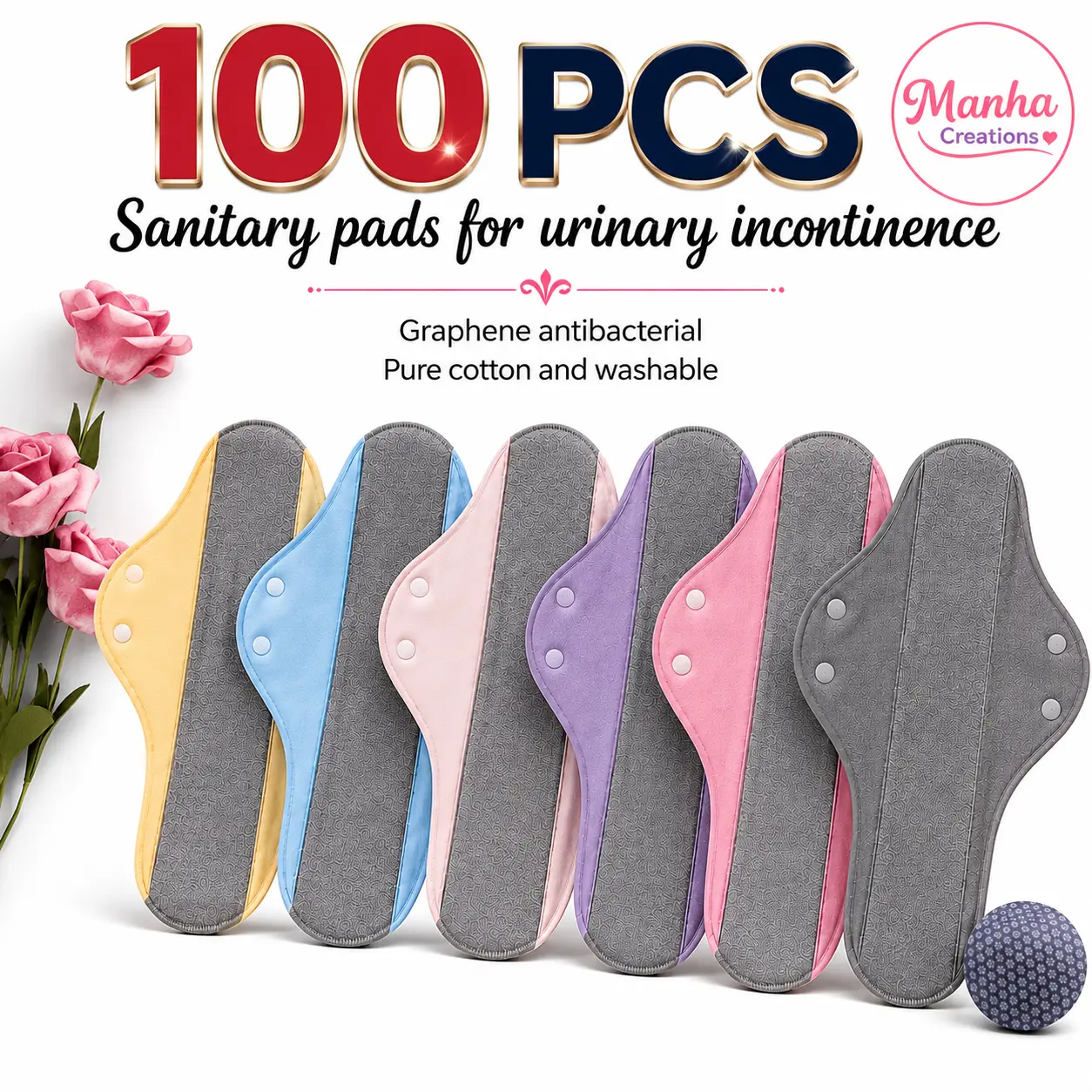 Organic Reusable Cotton Feminine Care Pads - Waterproof, Leakproof, Unscented, Washable, Max-Absorb Pads for Women's Personal Care, Water Proof