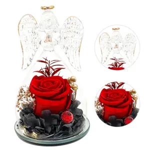 Eternal Rose Angel Figurine Ornament Set with Transparent Glass Dome, Souvenir Gift Box for Valentine's Day, Home Desktop Decoration