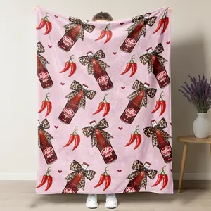 Viral Dr Pepper Soda Bottle with Leopard Bow Coquette Plush Blanket, Light Pink Background & Chili Pepper Heart Accent Soft Fleece Throw, Perfect for Dr Pepper Lovers, Y2K Fashion Fans & Coquette Home Decor Enthusiasts