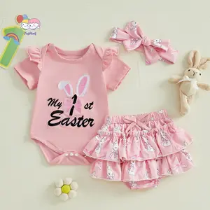 Baby Girl Easter Outfits Letter Embroidery Crew Neck Short Sleeve Romper Ruffles Shorts Headband 3Pcs Clothes Set