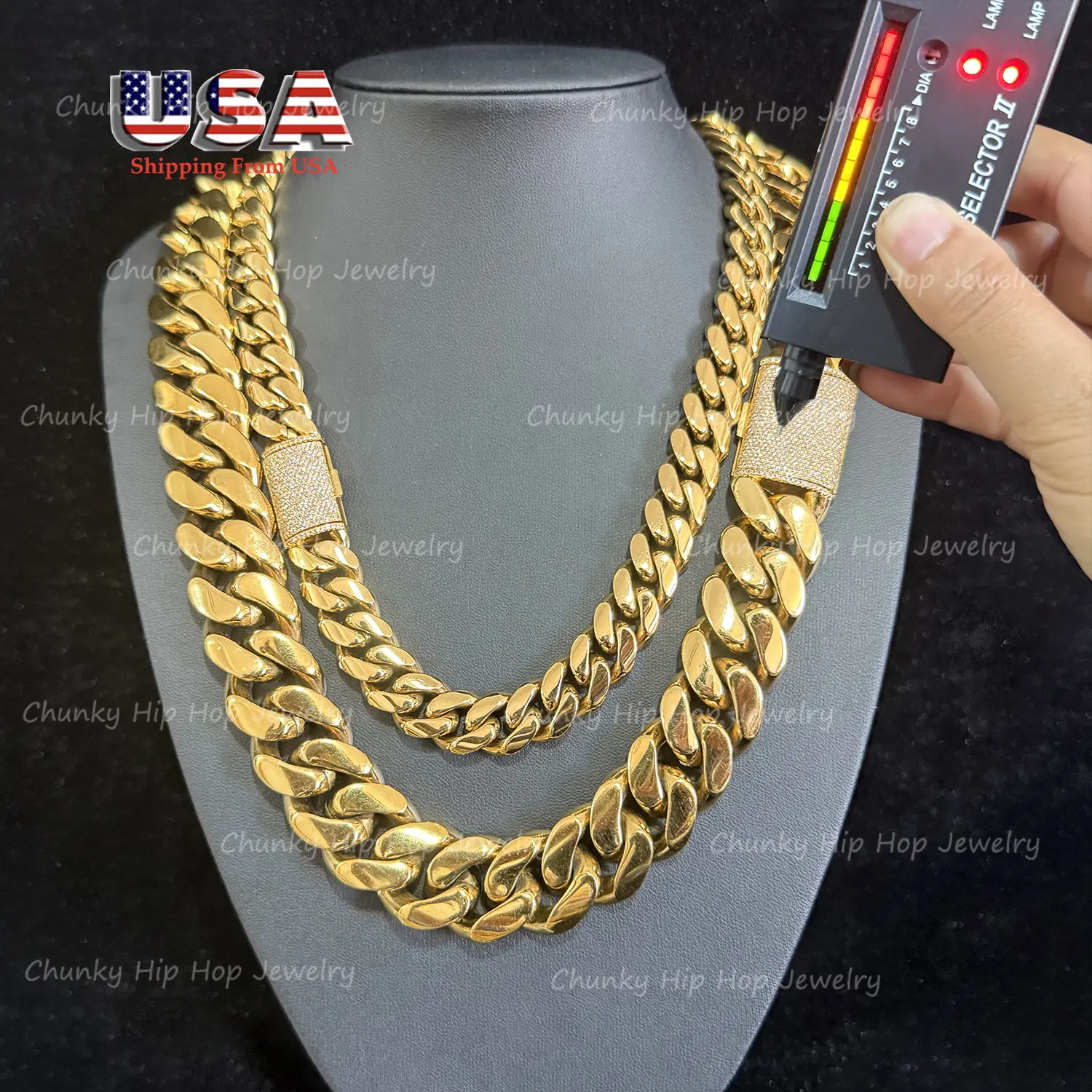 Water Proof Rock Punk Cool Mens Icedout Bling Fashion Miami Cuban Link Chain Necklace Soild Stainless Stee 18k Gold Plated