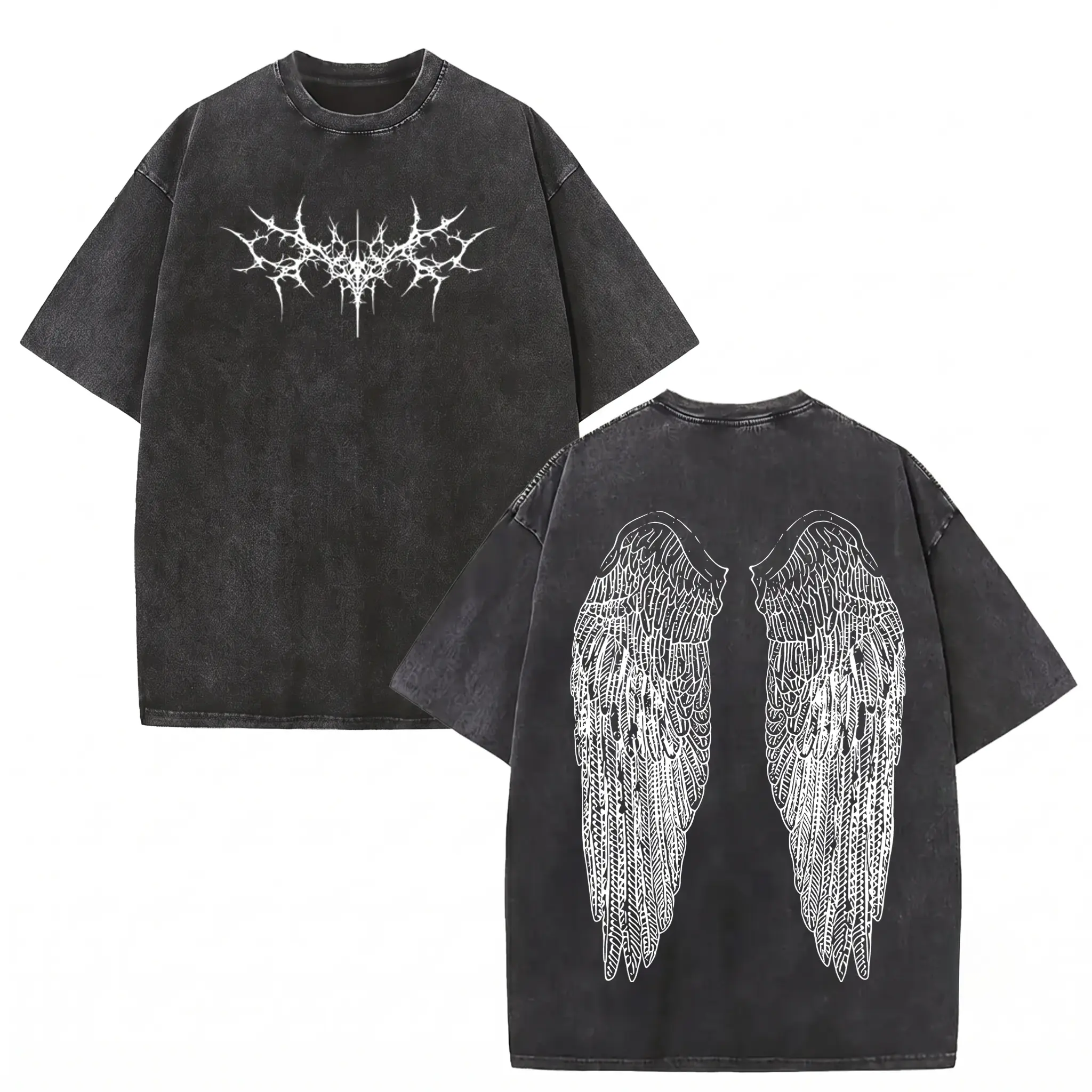 100% Cotton Washed Vintage T-Shirt – Y2K Gothic Wing Graphic Tee, Oversized Grunge Streetwear, Anime-Inspired Dark Aesthetic Top Casual Round Neck Unisex Summer Casual Fashion Short Sleeve Tee Distressed top,Grunge aesthetic streetwear,Graphic te