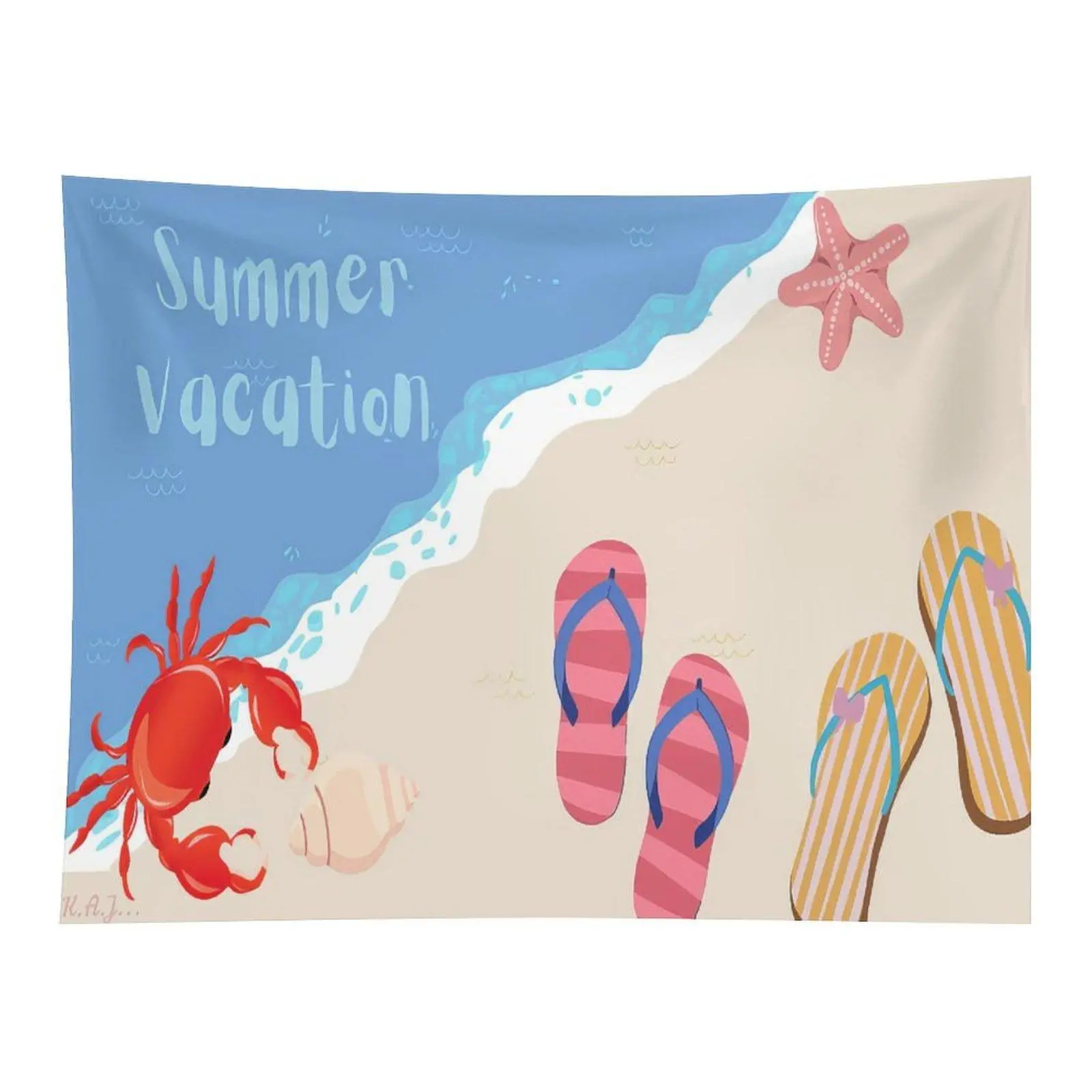 Cute Summer Vacation Beach Scenery Wall Tapestry Cartoon Crab Flip‑Flop Starfish Ocean Coastal Art For Holiday Theme Room Wall Hanging