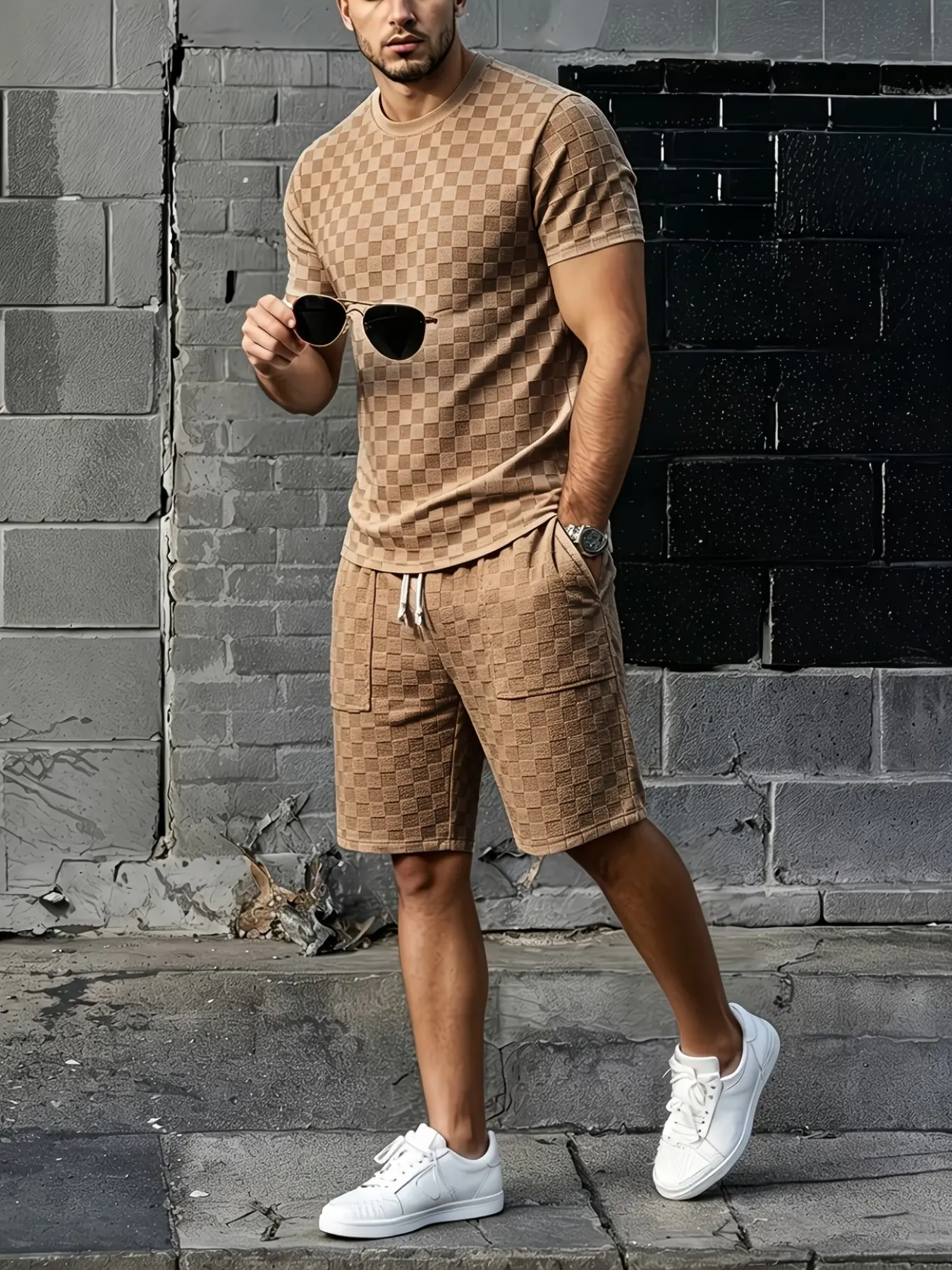 Men's European Style Casual Sport Set, Vintage Checkered Texture Design, Breathable High Elastic Fabric, Loose Fit, Ideal for Fitness and Daily Wear, Breathable Gym Set, Athleisure Breathable Clothes, Casual Activewear Set
