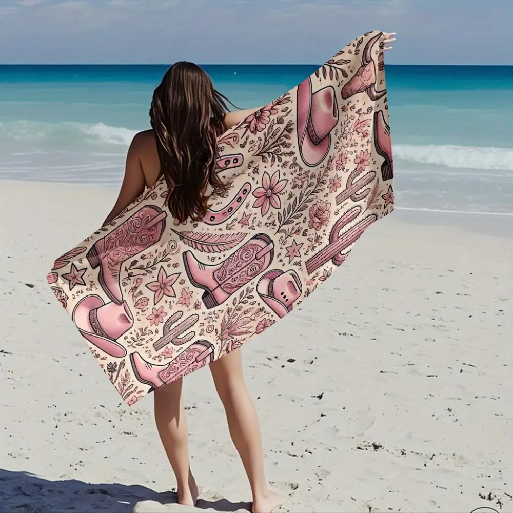 A Western Cowgirl Beach Towel, Quick Dry Towels - Soft, Quick-Drying Towel Featuring Pink Cowboy Boots, Hat Patterns - Large Rectangular Pool/Beach/Patio Mat - Ranch Party Decoration - Gradient Desert Floral Design, Southwestern Aesthetic Includes Towel