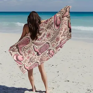 A Western Cowgirl Beach Towel, Quick Dry Towels - Soft, Quick-Drying Towel Featuring Pink Cowboy Boots, Hat Patterns - Large Rectangular Pool/Beach/Patio Mat - Ranch Party Decoration - Gradient Desert Floral Design, Southwestern Aesthetic