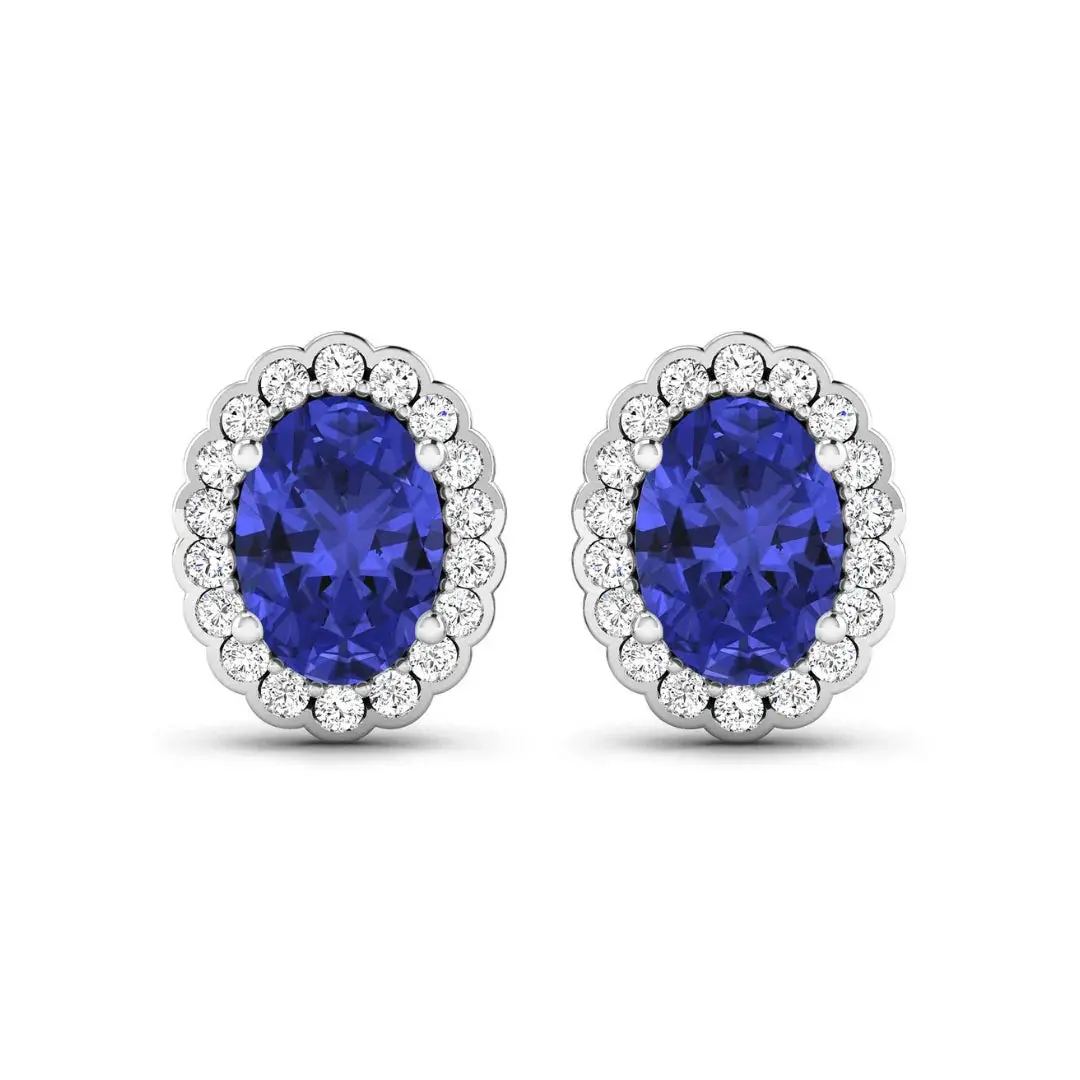 1.50 Ct Oval Violet Tanzanite & Diamond Prong 14K Gold Halo Stud Earrings