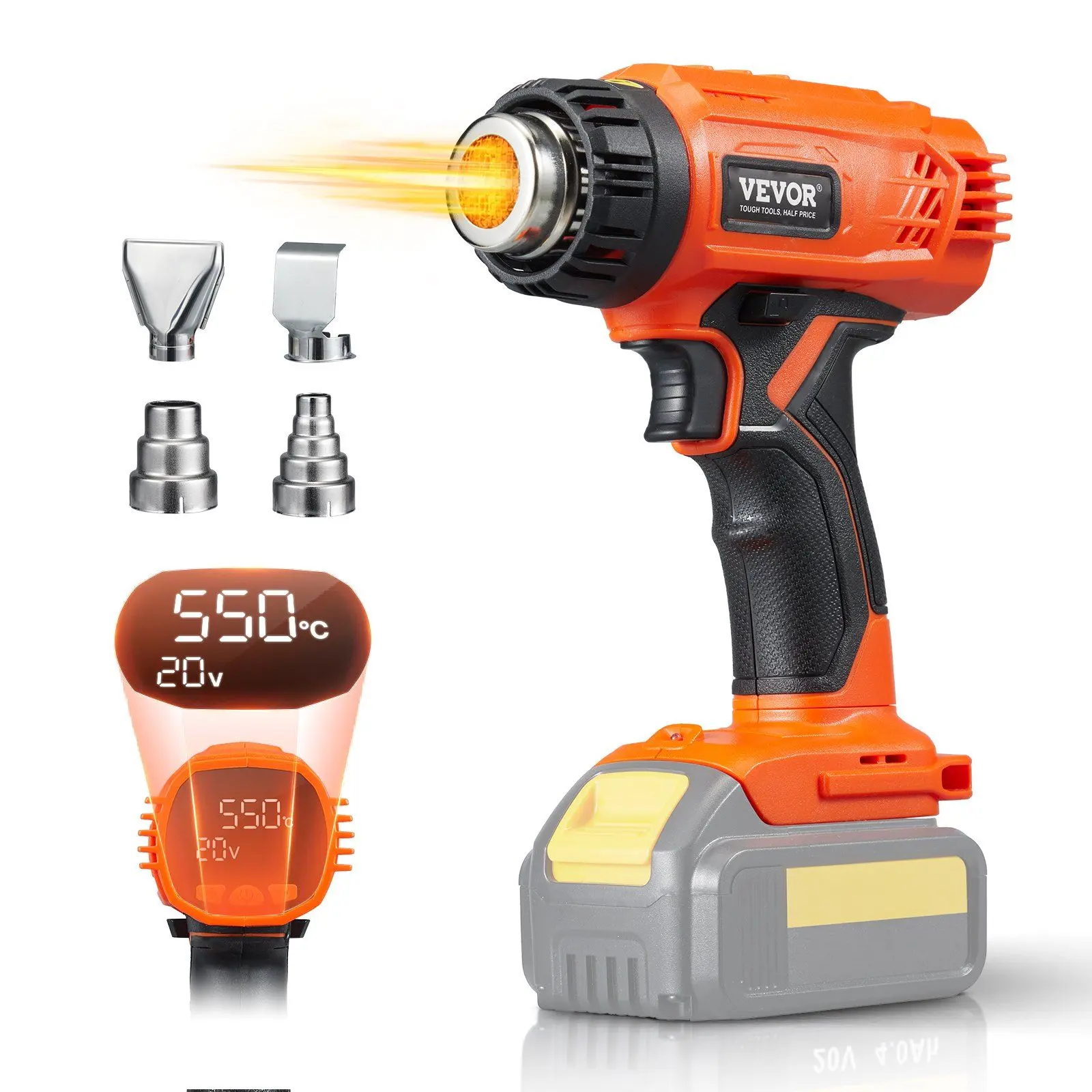 VEVOR Cordless Heat Gun Power Tool, Portable High-Power Tool with LCD Display, Adjustable Temperature Settings, 4 Nozzles, LED Light, 20V Battery Compatibility, Shrink Tubing Use, Low Voltage Safe Design