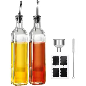 Olive Oil Dispenser Bottle, 2 count Oil Dispenser for Kitchen, 17 oz Glass Olive Oil Bottle and Vinegar Dispenser Set with 2 Stainless Steel Pourers, 4 Labels,1 Brush and 1 Funnel