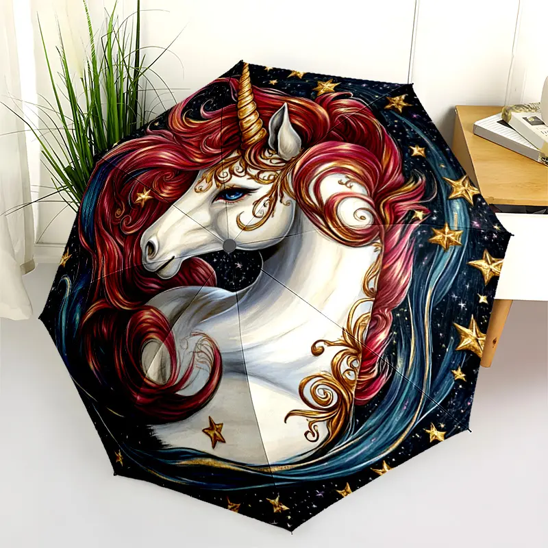 1 PC Automatic Folding Umbrella - Unicorn Fantasy Art Pattern, Portable & Foldable Design with 8 Ribs, Merry Christmas Pattern,Casual Outdoor Accessory Halloween and Christmas Birthday Gifts. C0062