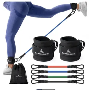 FlexCuff Ankle Resistance Bands Set with 4 Bands 10lbs 20lbs 30lbs 40lbs Adjustable Straps & Drawstring Pouch for Fitness