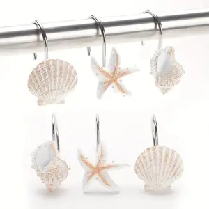 Starfish & Shell & Starfish Design Decorative Shower Curtain Hooks, 12pcs/set Exquisite Simulation Sea Star & Shell Design Shower Curtain Hooks, Bathroom Decoration Accessories