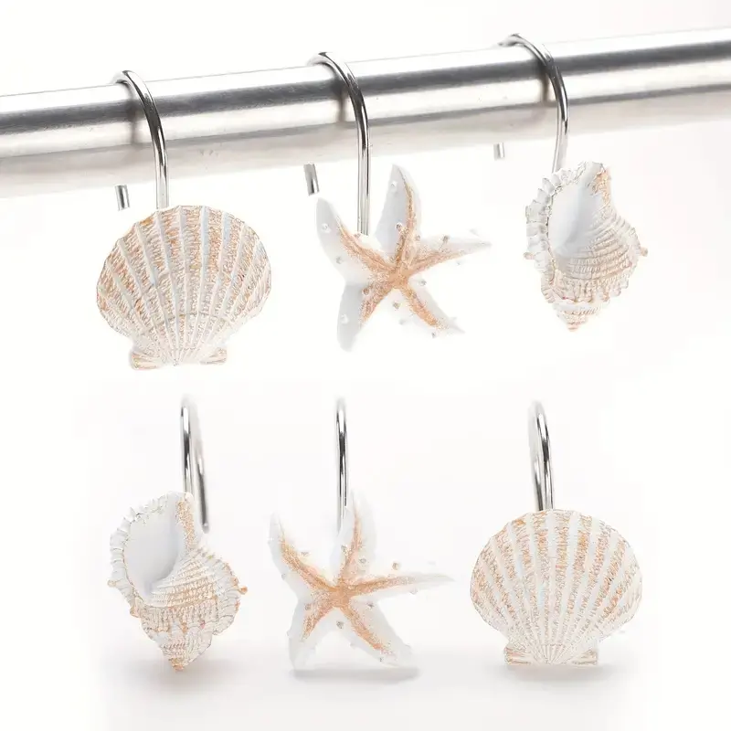 Starfish & Shell & Starfish Design Decorative Shower Curtain Hooks, 12pcs/set Exquisite Simulation Sea Star & Shell Design Shower Curtain Hooks, Bathroom Decoration Accessories