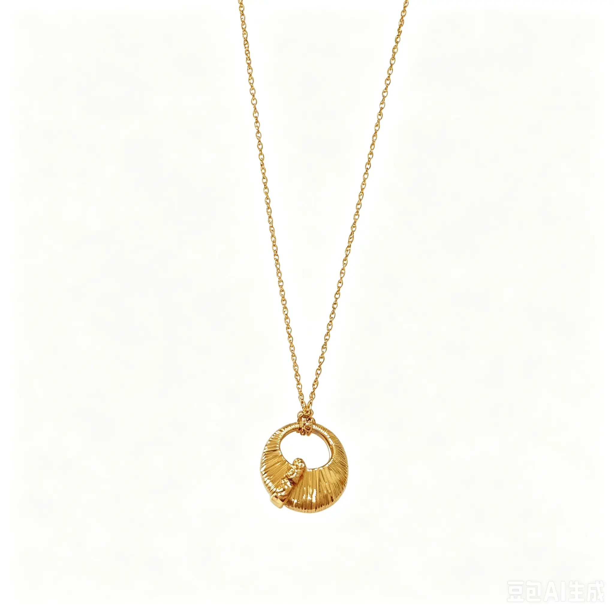 Textured Open Circle Sunburst Pendant Thin Cable Chain Necklace