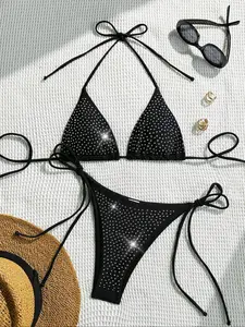 High Elasticity Fabric Rhinestone Solid Color Bikini Set, Strapless Bra, Thong, Beach Pool Holiday, Women's Swimwear, Two-Piece Swimsuit, Solid Bikinis, Summer Swimsuit Set