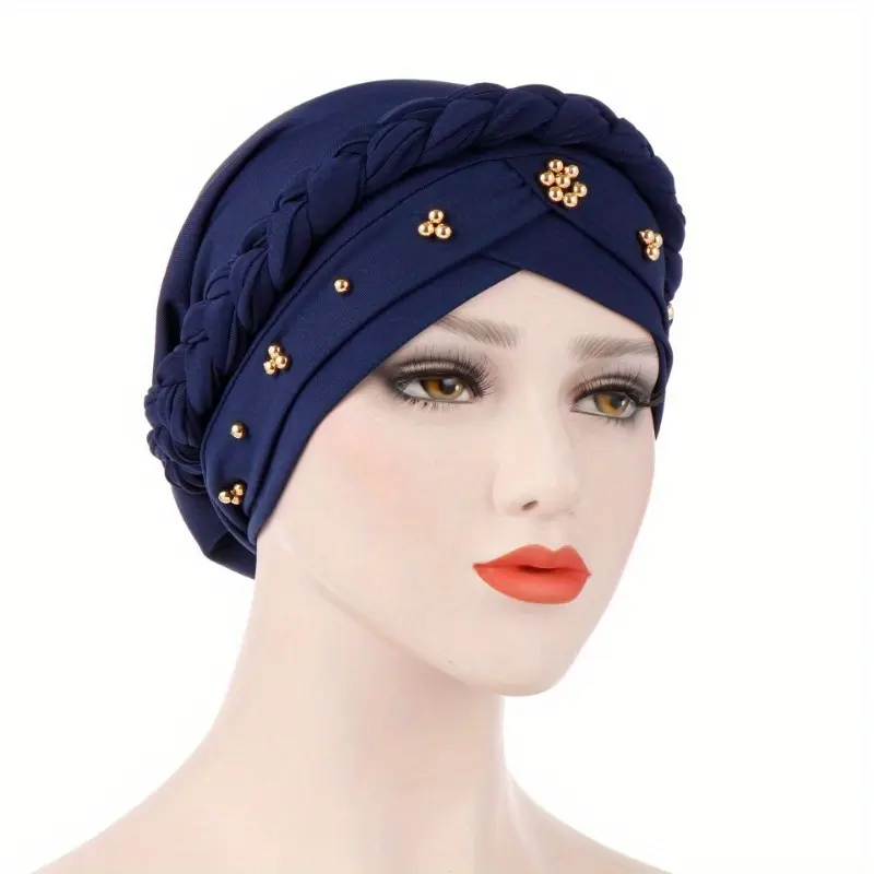 Muslim style headscarf, braided hat, polyester single color Golden bead braided hat
