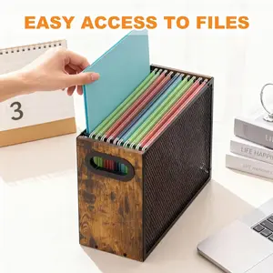 Wooden Hanging File Organizer Box, Metal Mesh Folder Storage Bin with Handle, Suitable for Home Office Desk, Office Supplies, Office Accessories