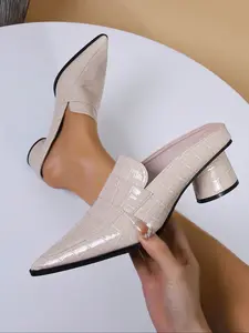 Women's Elegant High Heel Shoes, Crocodile Pattern Round Toe Design, Vintage Mules for Parties & Weddings, Fashion Daily Wear Footwear