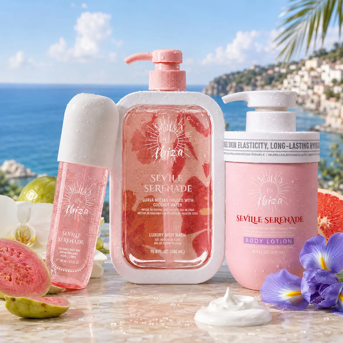 SOLO EN IBIZA Seville Serenade 3-Piece Bath & Body Layering Set, 6.1 fl oz (180ml) Fragrance Mist, 16.9 fl oz (500ml) Body Lotion & Body Wash, Fresh Tropical Scent with Guava Nectar, Coconut Water, Orchid & Pink Musk