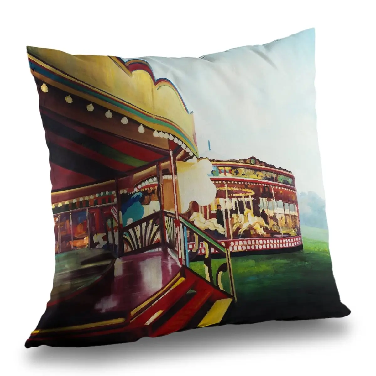 14x14 in. 360-Stand Carnival Theme Carousel Scene Decorative Throw Pillow - Vibrant Print, Carnaval Red Poly Twill Fabric, Festive Home Textiles & Soft Furnishings Accessory, Playful Design